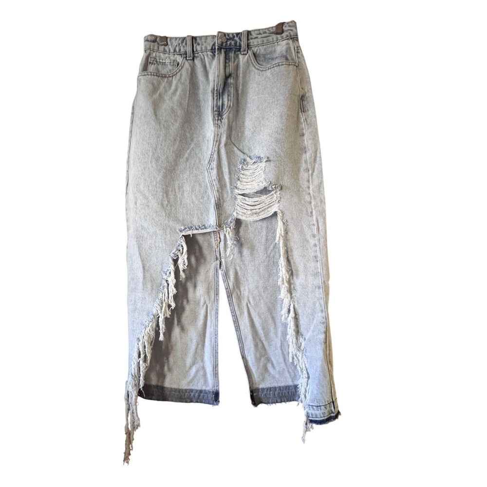 Insane Gene Los Angeles Hi-Rise Distressed Denim Maxi Skirt Light Wash  M NWT